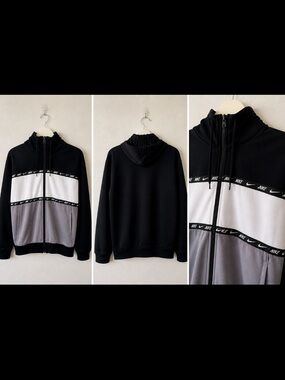 Nike Men’s Black White Gray Zip-Up Hooded Sweater with Branded Tape